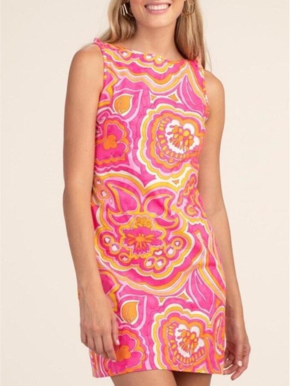 Trina Turk 25th Anniversary Dress Size 4 Pink Mod Print Sheath Knot Shoulder